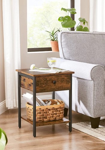 VASAGLE sidebord, m. 1 hylle og 1 skuff - brun sponplate og svart jern (39,87x39,87)