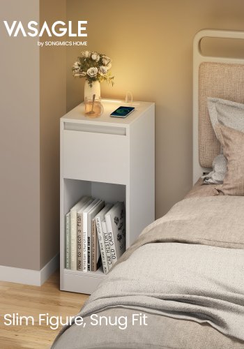 VASAGLE natbord, m. stikkontakter, LED-lys, 1 �bent rum, 1 skuffe - hvid MDF og sp�nplade (25x30)
