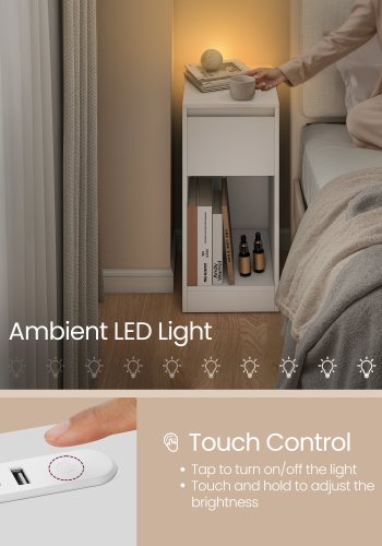 Natbord med stikkontakter, sengebord med LED-lys, pladsbesparende, til sovev�relse, stue, hvid