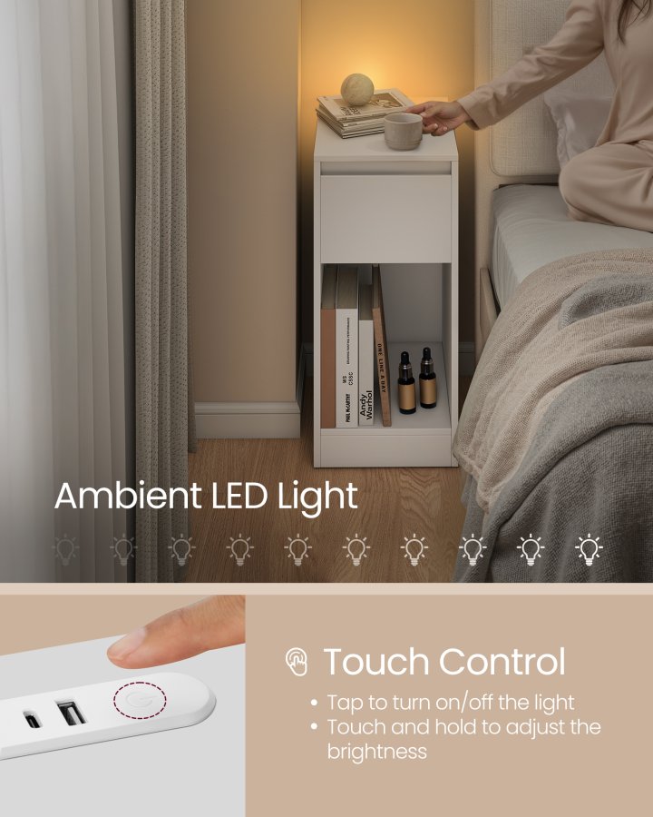 Natbord med stikkontakter, sengebord med LED-lys, pladsbesparende, til sovev�relse, stue, hvid