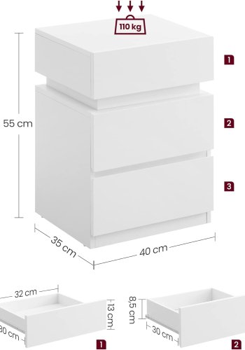 VASAGLE Sengebord, med justerbar flerfarvet LED-strip, 3 skuffer, moderne sidebord, 35 x 40 x 55 cm, hvid LET630T10