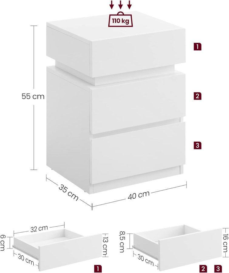 VASAGLE Sengebord, med justerbar flerfarvet LED-strip, 3 skuffer, moderne sidebord, 35 x 40 x 55 cm, hvid LET630T10