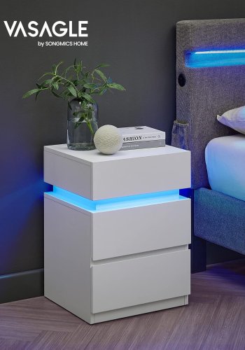 VASAGLE Sengebord, med justerbar flerfarvet LED-strip, 3 skuffer, moderne sidebord, 35 x 40 x 55 cm, hvid LET630T10