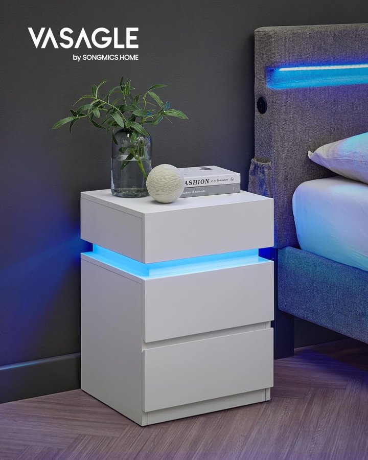 VASAGLE Sengebord, med justerbar flerfarvet LED-strip, 3 skuffer, moderne sidebord, 35 x 40 x 55 cm, hvid LET630T10