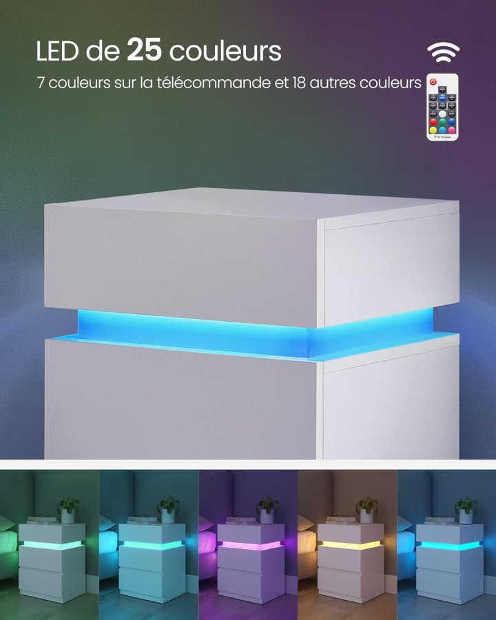 VASAGLE Sengebord, med justerbar flerfarvet LED-strip, 3 skuffer, moderne sidebord, 35 x 40 x 55 cm, hvid LET630T10