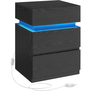 Vasagle LET630T56 Natbord med LED-belysning, Sidebord, Natbordskab, Sofabord, Justerbare farver, 3 skuffer, Sovev�relse, Moderne, 35 x 40 x 55 cm, Sort med tr�struktur