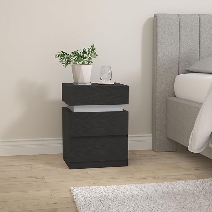 Vasagle LET630T56 Natbord med LED-belysning, Sidebord, Natbordskab, Sofabord, Justerbare farver, 3 skuffer, Sovev�relse, Moderne, 35 x 40 x 55 cm, Sort med tr�struktur