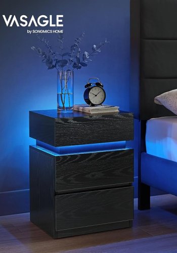 Vasagle LET630T56 Natbord med LED-belysning, Sidebord, Natbordskab, Sofabord, Justerbare farver, 3 skuffer, Sovev�relse, Moderne, 35 x 40 x 55 cm, Sort med tr�struktur
