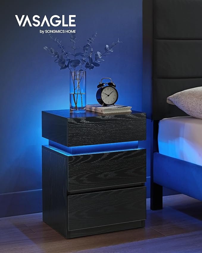 Vasagle LET630T56 Natbord med LED-belysning, Sidebord, Natbordskab, Sofabord, Justerbare farver, 3 skuffer, Sovev�relse, Moderne, 35 x 40 x 55 cm, Sort med tr�struktur