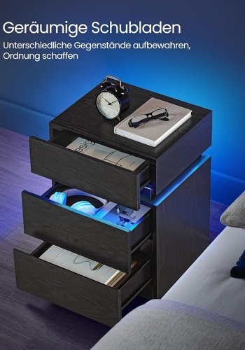 Vasagle LET630T56 Natbord med LED-belysning, Sidebord, Natbordskab, Sofabord, Justerbare farver, 3 skuffer, Sovev�relse, Moderne, 35 x 40 x 55 cm, Sort med tr�struktur