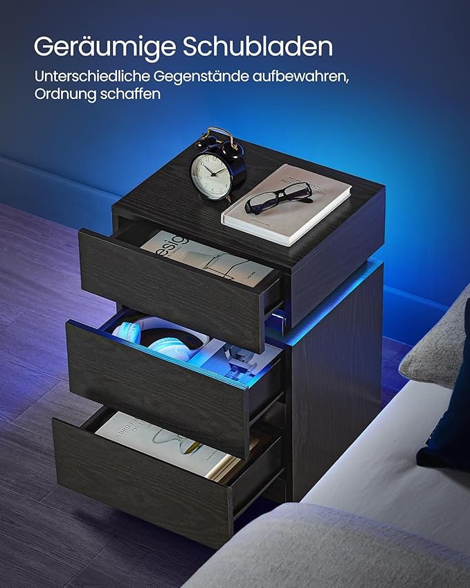 Vasagle LET630T56 Natbord med LED-belysning, Sidebord, Natbordskab, Sofabord, Justerbare farver, 3 skuffer, Sovev�relse, Moderne, 35 x 40 x 55 cm, Sort med tr�struktur