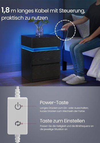 Vasagle LET630T56 Natbord med LED-belysning, Sidebord, Natbordskab, Sofabord, Justerbare farver, 3 skuffer, Sovev�relse, Moderne, 35 x 40 x 55 cm, Sort med tr�struktur