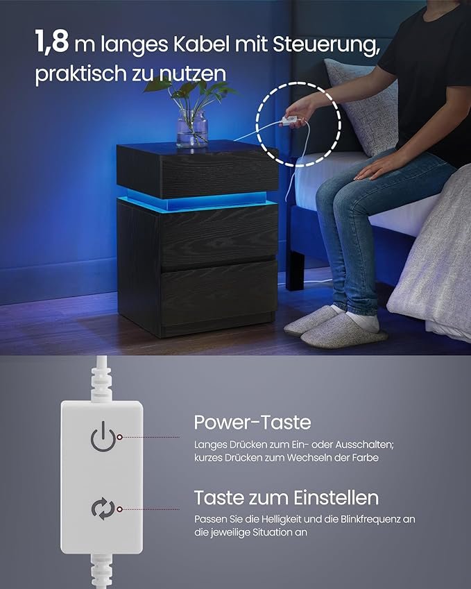 Vasagle LET630T56 Natbord med LED-belysning, Sidebord, Natbordskab, Sofabord, Justerbare farver, 3 skuffer, Sovev�relse, Moderne, 35 x 40 x 55 cm, Sort med tr�struktur