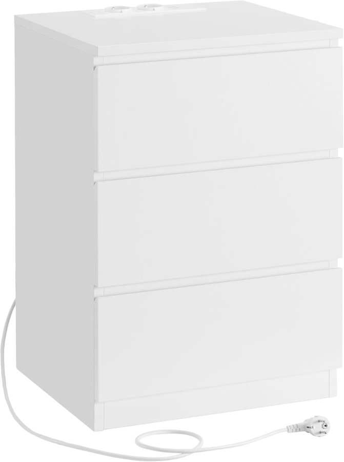 VASAGLE LET631W14 Natbord, Sidebord, 3 skuffer, Skr� kant, 2 AC-stikkontakter, 2 USB-porte, Stue, Sovev�relse, Arbejdsv�relse, Moderne, Cloud White