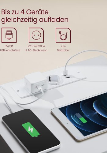 VASAGLE LET631W14 Natbord, Sidebord, 3 skuffer, Skr� kant, 2 AC-stikkontakter, 2 USB-porte, Stue, Sovev�relse, Arbejdsv�relse, Moderne, Cloud White