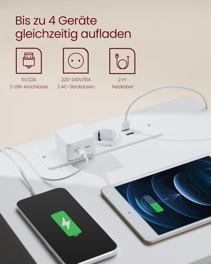 VASAGLE LET631W14 Natbord, Sidebord, 3 skuffer, Skr� kant, 2 AC-stikkontakter, 2 USB-porte, Stue, Sovev�relse, Arbejdsv�relse, Moderne, Cloud White