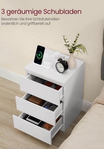 VASAGLE LET631W14 Natbord, Sidebord, 3 skuffer, Skr� kant, 2 AC-stikkontakter, 2 USB-porte, Stue, Sovev�relse, Arbejdsv�relse, Moderne, Cloud White