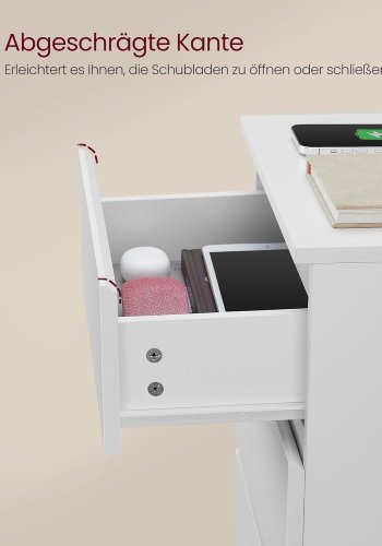 VASAGLE LET631W14 Natbord, Sidebord, 3 skuffer, Skr� kant, 2 AC-stikkontakter, 2 USB-porte, Stue, Sovev�relse, Arbejdsv�relse, Moderne, Cloud White