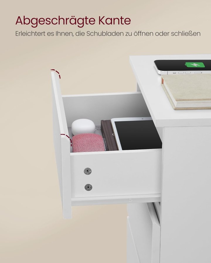 VASAGLE LET631W14 Natbord, Sidebord, 3 skuffer, Skr� kant, 2 AC-stikkontakter, 2 USB-porte, Stue, Sovev�relse, Arbejdsv�relse, Moderne, Cloud White