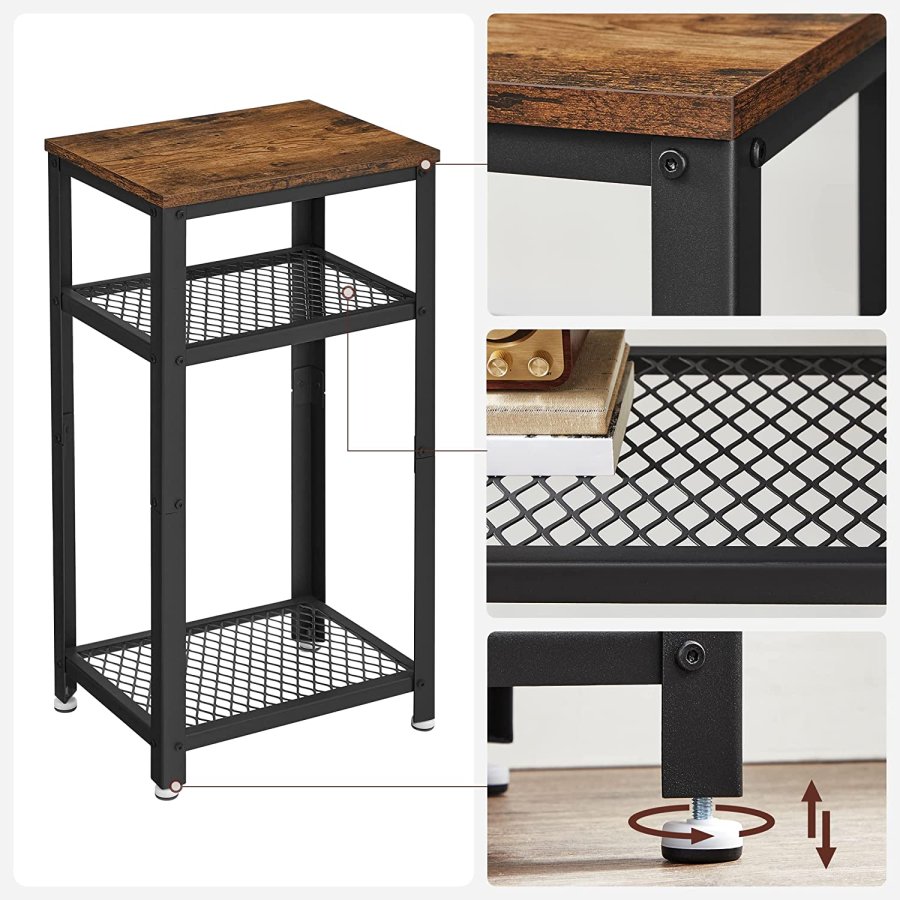 VASAGLE vintage sidebord, m. 2 mesh hyller - rustikk brun sponplate og svart metall (40x30)