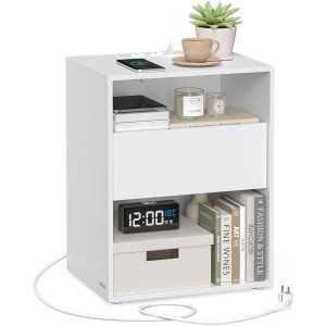 VASAGLE LET777W04 Natbord, V�rkt�jsfri Samling, Sidebord med Str�mskinne og Skuffe, Moderne, Sovev�relse, Stue, Mat Hvid