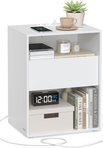 VASAGLE LET777W04 Nachttisch, werkzeuglose Montage, Beistelltisch mit Steckdosenleiste und Schublade, modern, Schlafzimmer, Wohnzimmer, Mattwei�