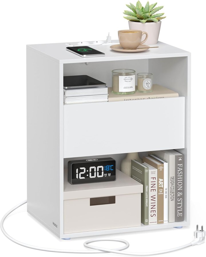 VASAGLE LET777W04 Natbord, V�rkt�jsfri Samling, Sidebord med Str�mskinne og Skuffe, Moderne, Sovev�relse, Stue, Mat Hvid