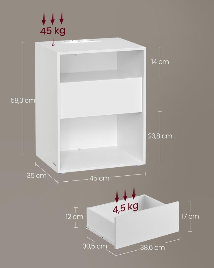 VASAGLE LET777W04 Natbord, V�rkt�jsfri Samling, Sidebord med Str�mskinne og Skuffe, Moderne, Sovev�relse, Stue, Mat Hvid