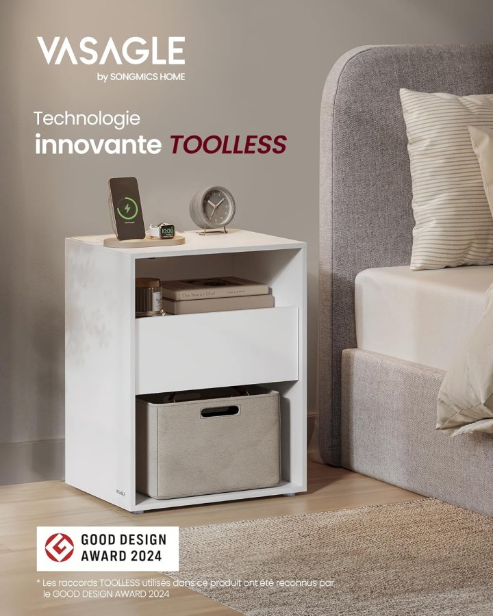 VASAGLE LET777W04 Natbord, V�rkt�jsfri Samling, Sidebord med Str�mskinne og Skuffe, Moderne, Sovev�relse, Stue, Mat Hvid