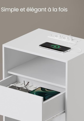 VASAGLE LET777W04 Natbord, V�rkt�jsfri Samling, Sidebord med Str�mskinne og Skuffe, Moderne, Sovev�relse, Stue, Mat Hvid