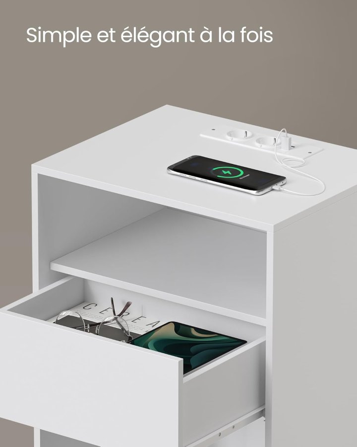 VASAGLE LET777W04 Natbord, V�rkt�jsfri Samling, Sidebord med Str�mskinne og Skuffe, Moderne, Sovev�relse, Stue, Mat Hvid
