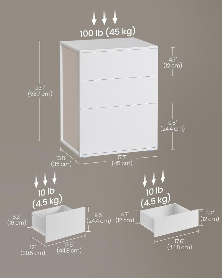 VASAGLE Superhurtig v�rkt�jsfri montering, sengebord, natbord med 3 opbevaringsskuffer, sidebord, moderne minimalistisk, sovev�relse stue, mat hvid og cappuccino beige LET778W01