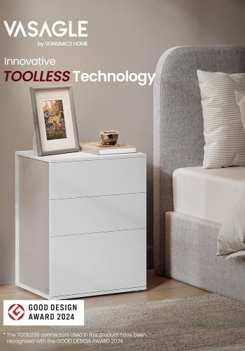 VASAGLE Superhurtig v�rkt�jsfri montering, sengebord, natbord med 3 opbevaringsskuffer, sidebord, moderne minimalistisk, sovev�relse stue, mat hvid og cappuccino beige LET778W01