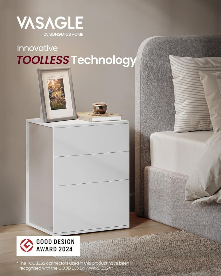 VASAGLE Superhurtig v�rkt�jsfri montering, sengebord, natbord med 3 opbevaringsskuffer, sidebord, moderne minimalistisk, sovev�relse stue, mat hvid og cappuccino beige LET778W01