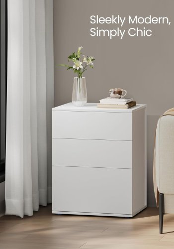 VASAGLE Superhurtig v�rkt�jsfri montering, sengebord, natbord med 3 opbevaringsskuffer, sidebord, moderne minimalistisk, sovev�relse stue, mat hvid og cappuccino beige LET778W01