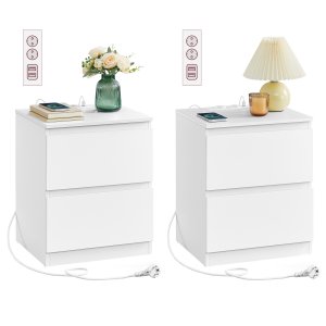 VASAGLE KAILYN Kollektion - Natborde med str�mskinne, S�t med 2 sideborde, 2 skuffer, 2 AC-stik, 2 USB-A-porte, Stue/Sovev�relse, Moderne, Cloud White LET821W02