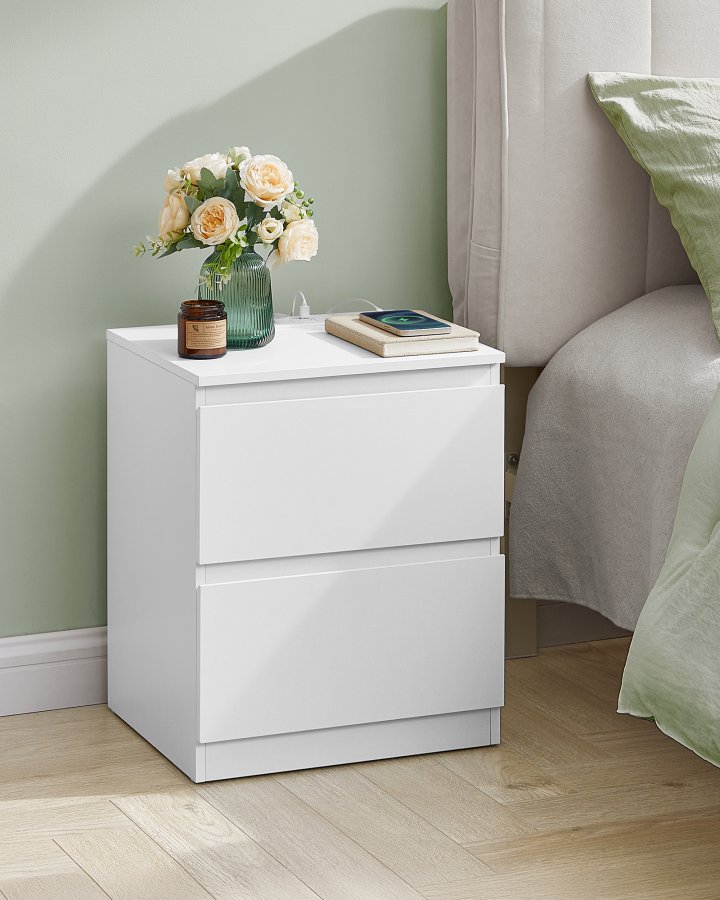 VASAGLE KAILYN Kollektion - Natborde med str�mskinne, S�t med 2 sideborde, 2 skuffer, 2 AC-stik, 2 USB-A-porte, Stue/Sovev�relse, Moderne, Cloud White LET821W02