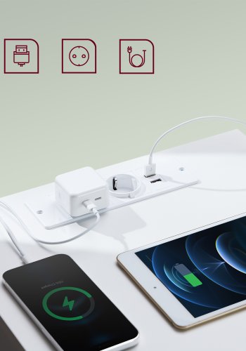 VASAGLE KAILYN Kollektion - Natborde med str�mskinne, S�t med 2 sideborde, 2 skuffer, 2 AC-stik, 2 USB-A-porte, Stue/Sovev�relse, Moderne, Cloud White LET821W02