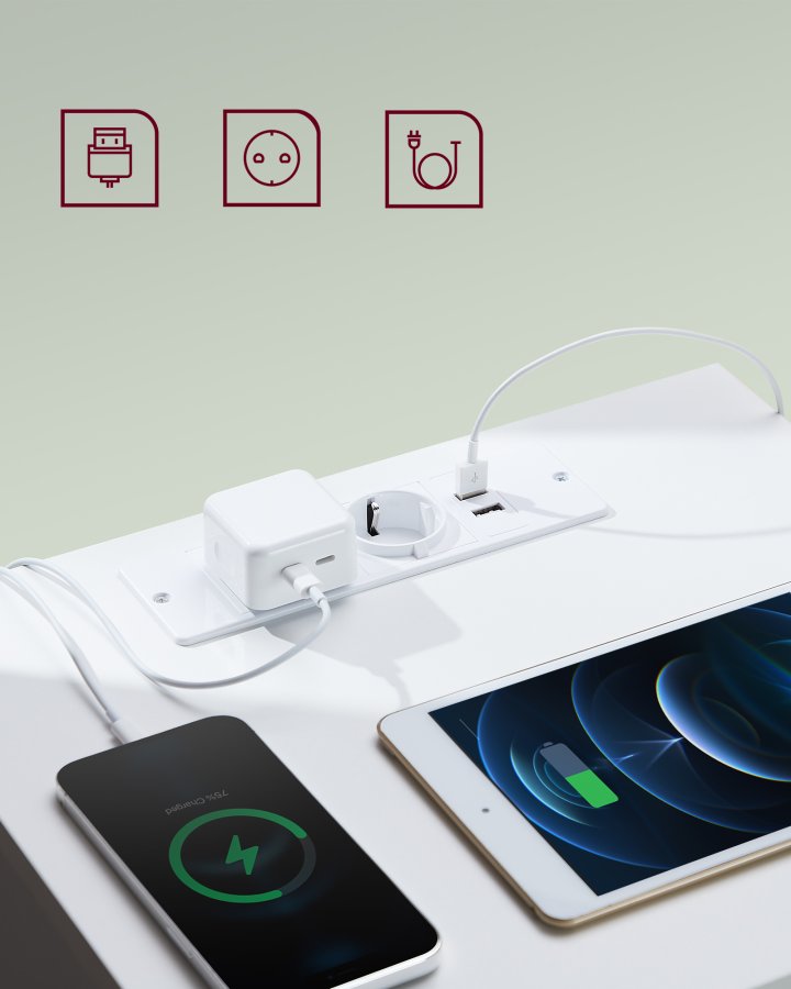 VASAGLE KAILYN Kollektion - Natborde med str�mskinne, S�t med 2 sideborde, 2 skuffer, 2 AC-stik, 2 USB-A-porte, Stue/Sovev�relse, Moderne, Cloud White LET821W02