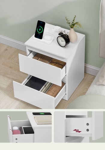 VASAGLE KAILYN Kollektion - Natborde med str�mskinne, S�t med 2 sideborde, 2 skuffer, 2 AC-stik, 2 USB-A-porte, Stue/Sovev�relse, Moderne, Cloud White LET821W02