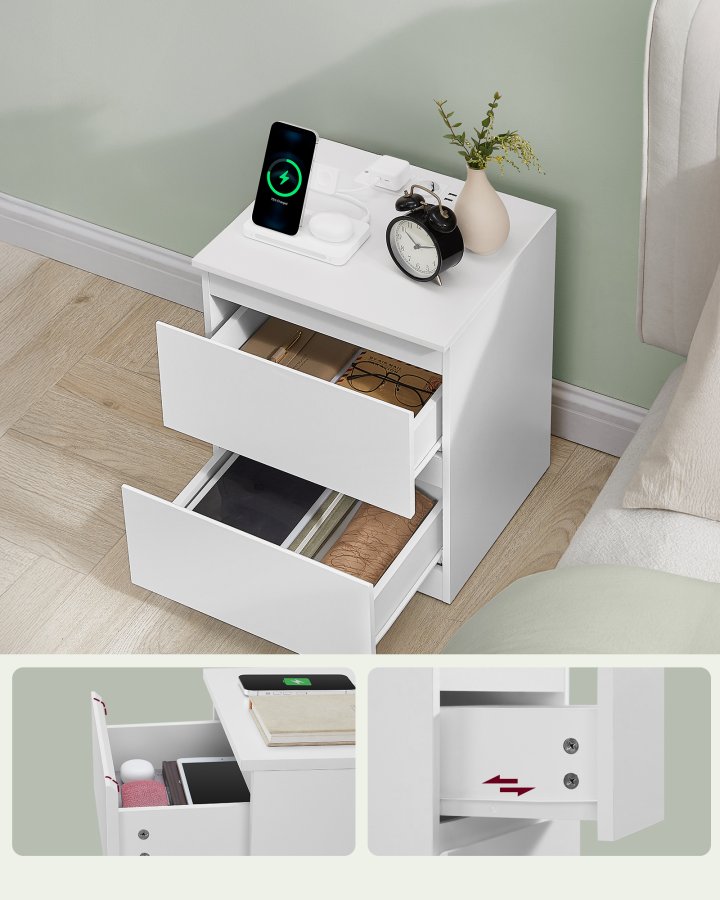 VASAGLE KAILYN Kollektion - Natborde med str�mskinne, S�t med 2 sideborde, 2 skuffer, 2 AC-stik, 2 USB-A-porte, Stue/Sovev�relse, Moderne, Cloud White LET821W02