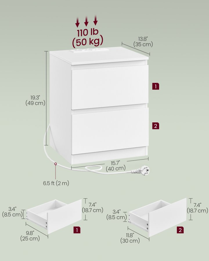 VASAGLE KAILYN Kollektion - Natborde med str�mskinne, S�t med 2 sideborde, 2 skuffer, 2 AC-stik, 2 USB-A-porte, Stue/Sovev�relse, Moderne, Cloud White LET821W02
