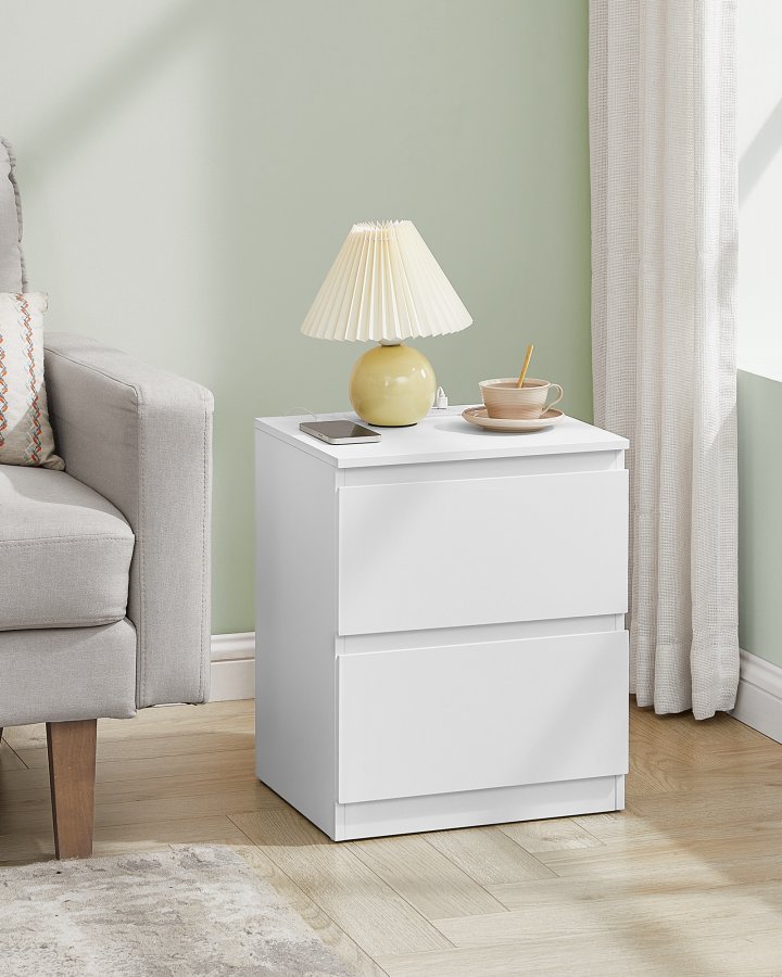 VASAGLE KAILYN Kollektion - Natborde med str�mskinne, S�t med 2 sideborde, 2 skuffer, 2 AC-stik, 2 USB-A-porte, Stue/Sovev�relse, Moderne, Cloud White LET821W02