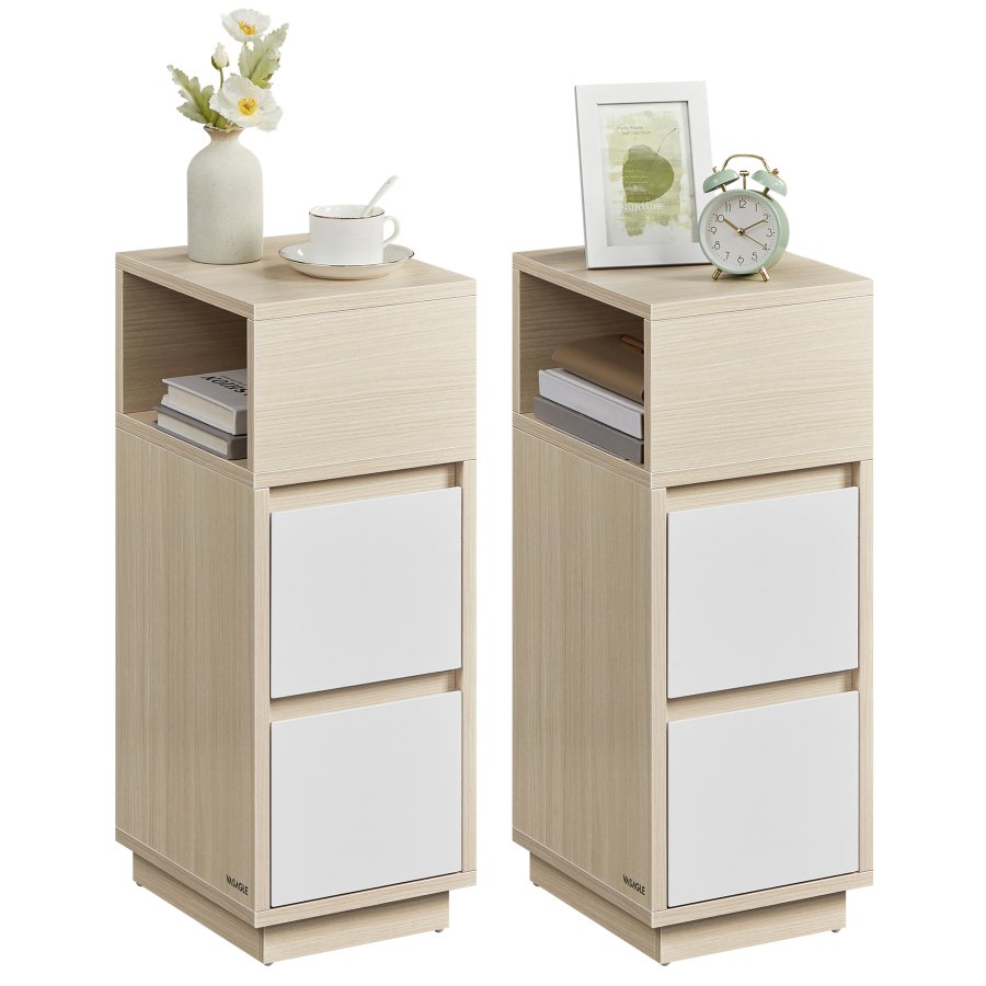 VASAGLE KAILYN Kollektion - Slanke natborde, s�t med 2 sm� smalle sideborde med skuffer, fleksibelt �bent rum, til sovev�relse, stue, naturlig beige og skyhvid LET856N01