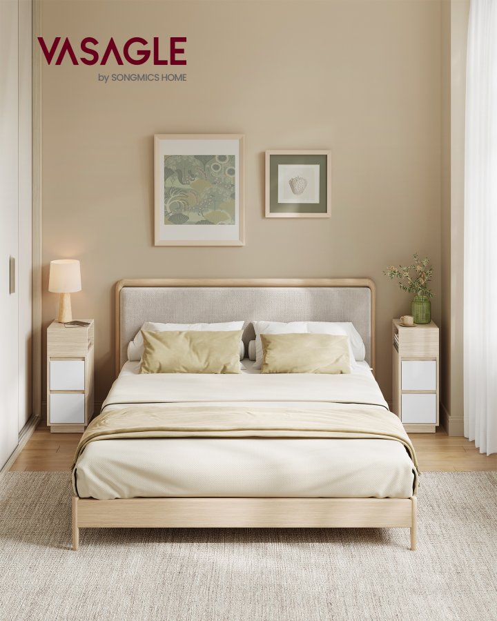 VASAGLE KAILYN Kollektion - Slanke natborde, s�t med 2 sm� smalle sideborde med skuffer, fleksibelt �bent rum, til sovev�relse, stue, naturlig beige og skyhvid LET856N01