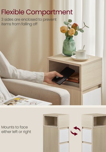 VASAGLE LET856N01 Kailyn slank natbord, m. 1 �bent rum, 2 skuffer - beige/hvid MDF/sp�nplade (s�t med 2)