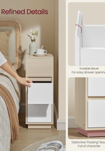 VASAGLE KAILYN Kollektion - Slanke natborde, s�t med 2 sm� smalle sideborde med skuffer, fleksibelt �bent rum, til sovev�relse, stue, naturlig beige og skyhvid LET856N01