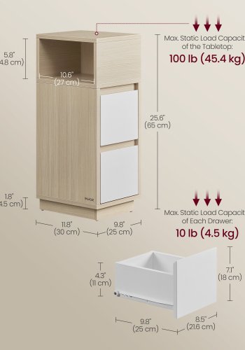 VASAGLE KAILYN Kollektion - Slanke natborde, s�t med 2 sm� smalle sideborde med skuffer, fleksibelt �bent rum, til sovev�relse, stue, naturlig beige og skyhvid LET856N01