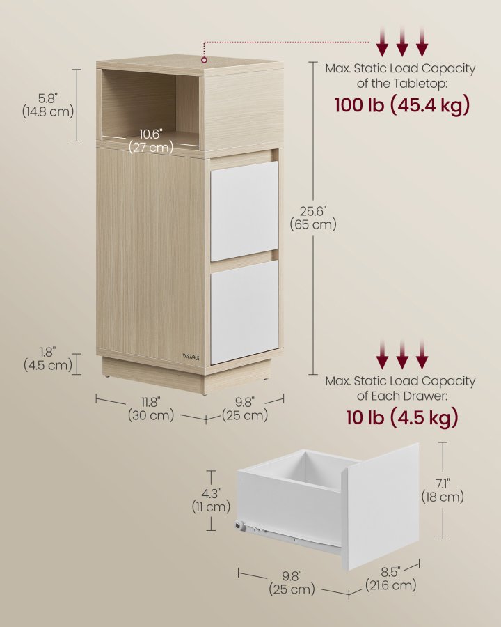 VASAGLE KAILYN Kollektion - Slanke natborde, s�t med 2 sm� smalle sideborde med skuffer, fleksibelt �bent rum, til sovev�relse, stue, naturlig beige og skyhvid LET856N01
