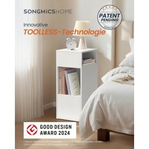SONGMICS HOME Slim Natbord, Superhurtig V�rkt�jsfri Samling, Smalt Opbevaringssidebord med 2 �bne Rum og 1 Skuffe, Lille Natbordskab til Sovev�relse, 30 x 25 x 59,4 cm, Hvid LET911WE01
